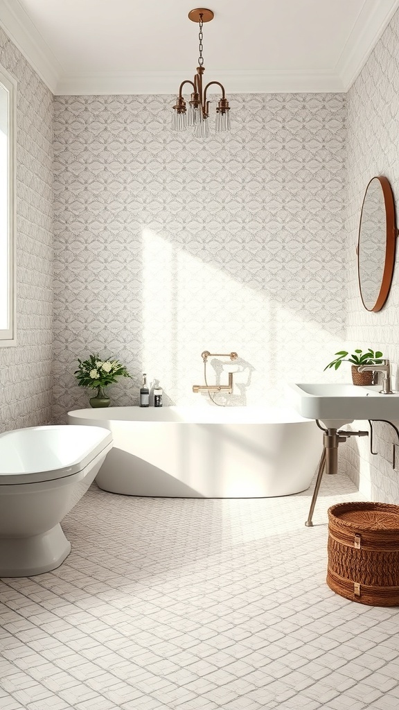 A modern bathroom featuring lattice pattern tiles on the floor and walls, with a freestanding bathtub and stylish fixtures.