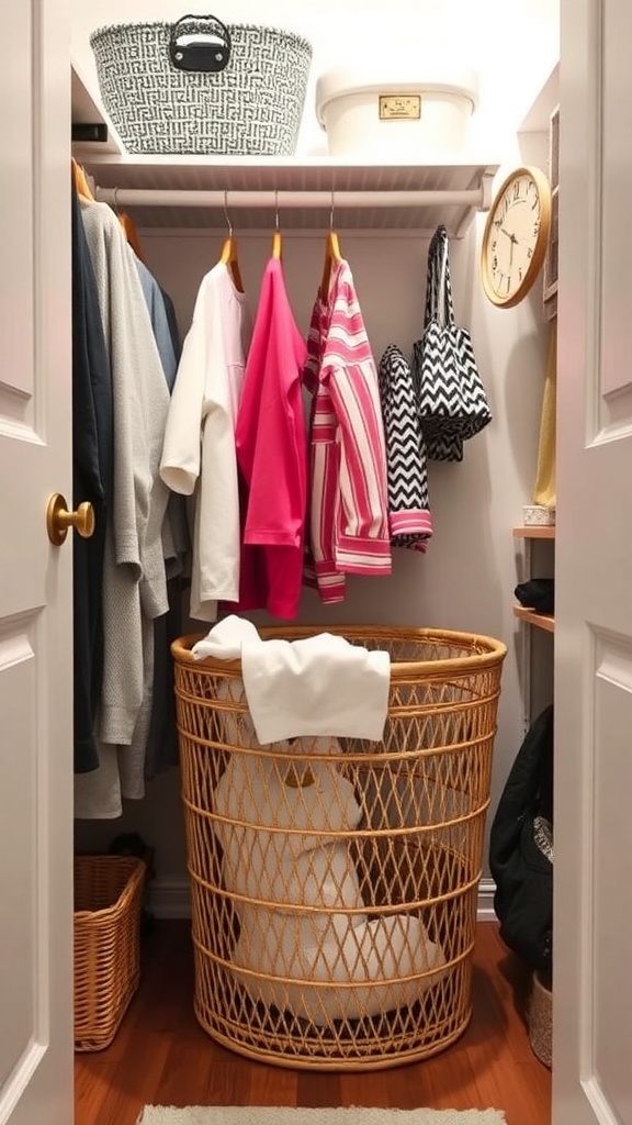 A cozy closet featuring a stylish laundry basket, colorful clothing, and storage solutions.