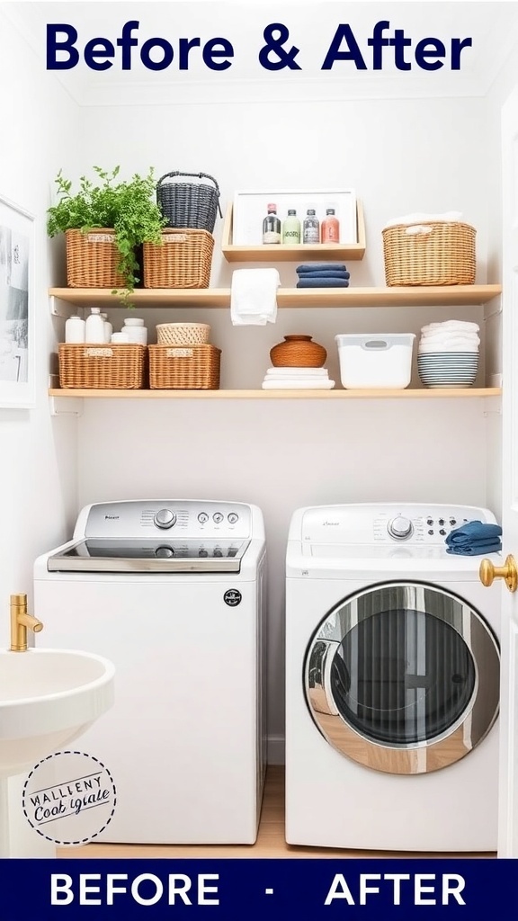 Before and after image of a laundry room makeover, showing a cluttered space transformed into a stylish and organized area.