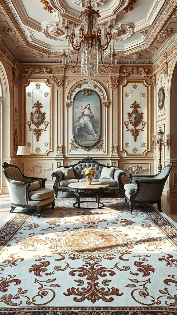 A luxurious Rococo-style living room featuring an ornate area rug, elegant furniture, and intricate ceiling details.