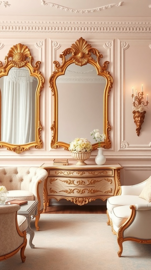 A luxurious Rococo-style room featuring ornate mirrors, elegant furniture, and a soft color palette.