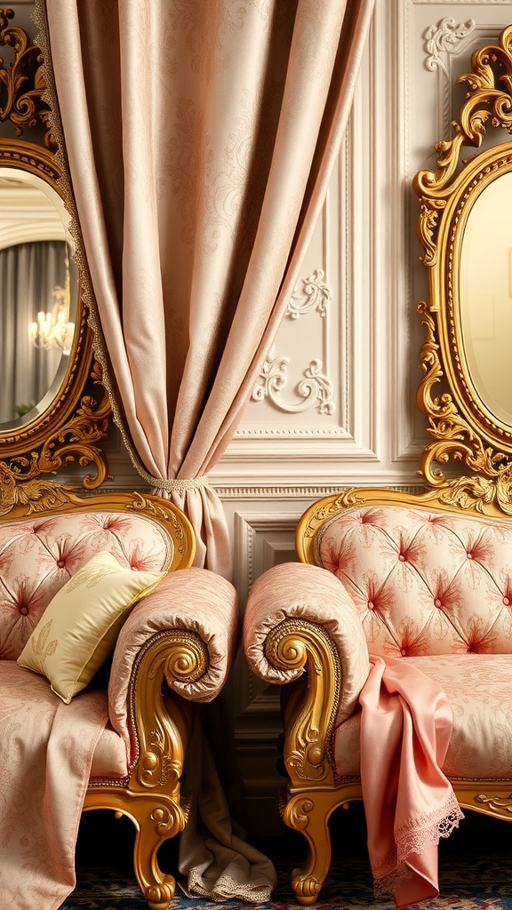 A luxurious Rococo interior featuring pink upholstered sofas with golden accents and elegant drapes.
