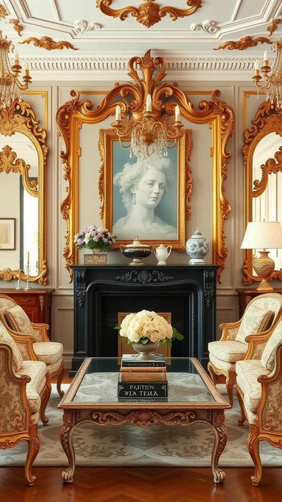 A lavish Rococo living room featuring ornate gold mirrors, elegant furniture, and a beautiful floral arrangement.