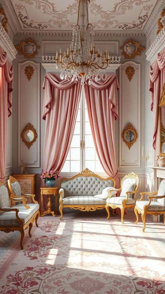 A lavish Rococo interior featuring pastel colors, elegant furniture, and a crystal chandelier.