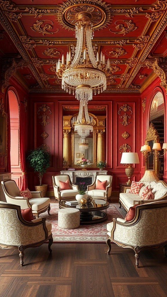 A lavish Rococo room featuring red walls, gold accents, elegant furniture, and a grand chandelier.