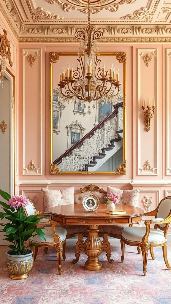 A lavish Rococo interior featuring pink walls, a chandelier, a wooden table with chairs, and decorative elements.