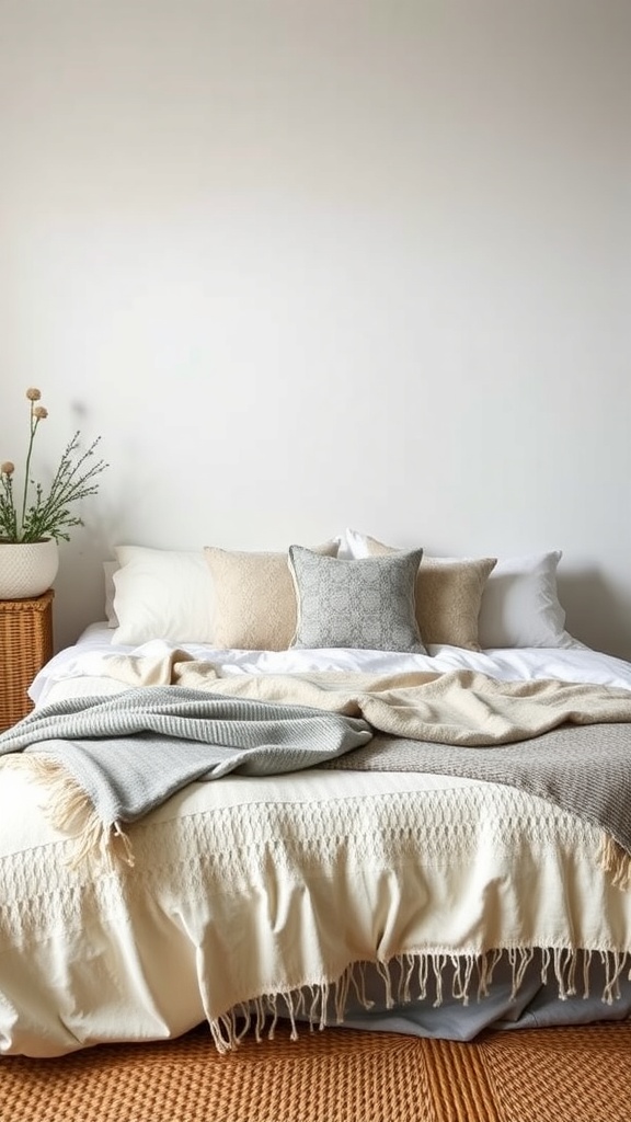 A cozy bed with layered textiles, including pillows and throws, creating a warm atmosphere.
