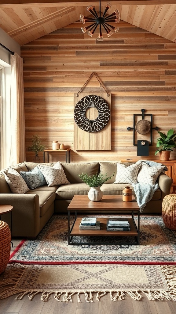 Cozy living room with layered area rugs, a sectional sofa, and wooden accents.