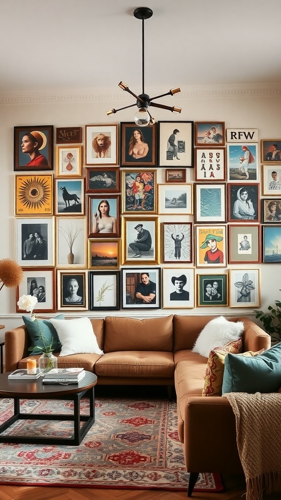 A cozy living room featuring a gallery wall with various framed artworks above a brown sofa.