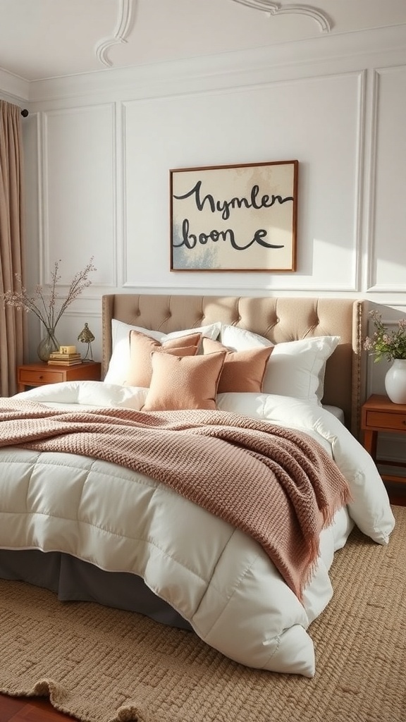 A cozy bedroom with layered bedding featuring a white comforter, blush pink throw blanket, and various pillows, complemented by a beige headboard and warm wood nightstands.