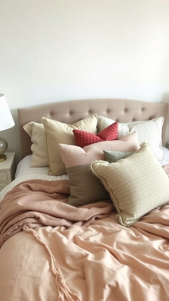 A cozy bed with layered bedding featuring various pillows and a soft throw blanket.
