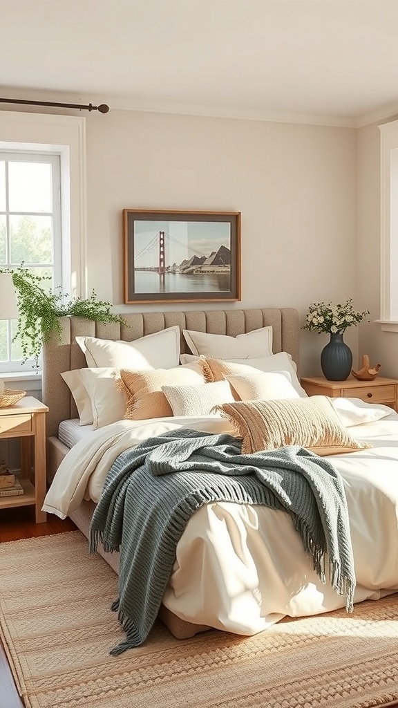 A cozy farmhouse bedroom with layered bedding, featuring various pillows and a throw blanket.
