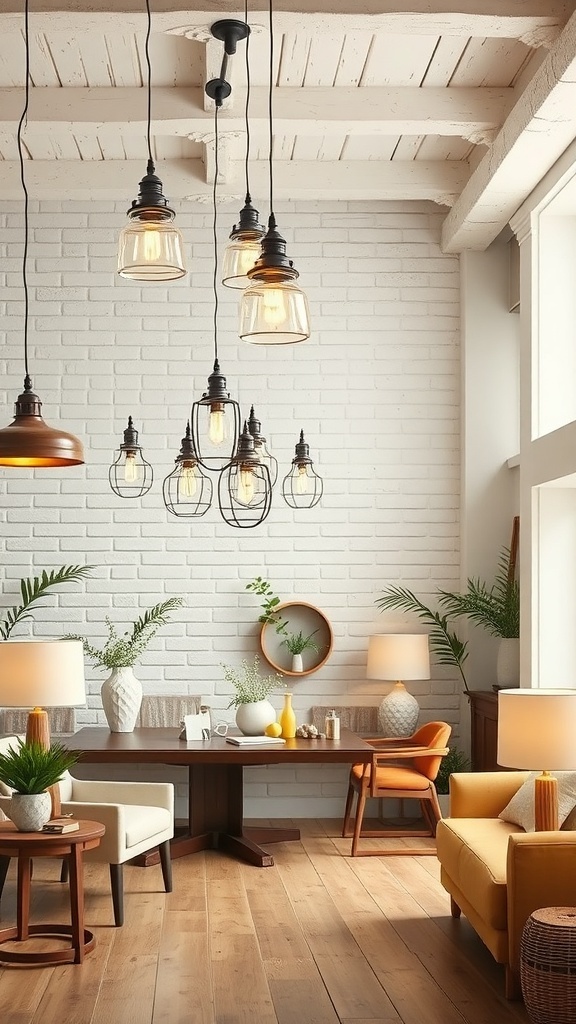 A cozy interior featuring layered lighting with pendant lights and table lamps, surrounded by plants and rustic furniture.