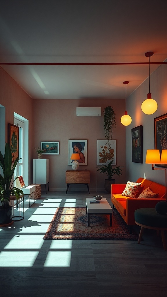 A cozy room with layered lighting effects, featuring pendant lights, a floor lamp, and sunlight casting shadows.