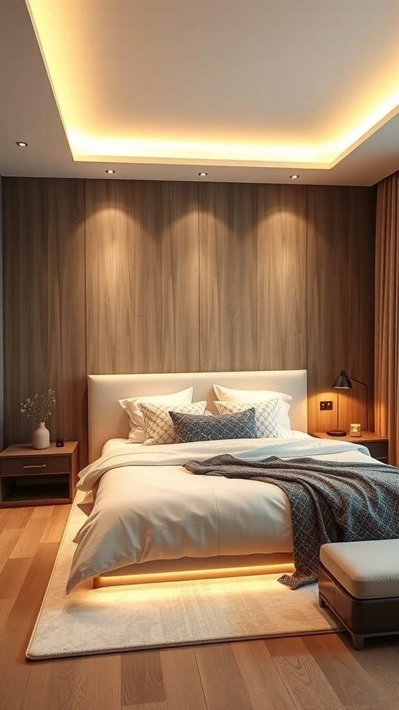 Modern bedroom featuring layered lighting effects with warm tones and stylish decor.