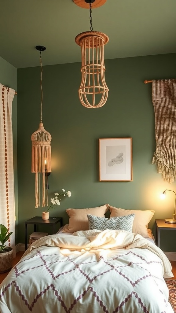 A cozy sage green Boho style bedroom featuring layered lighting with a woven pendant light and bedside lamp.