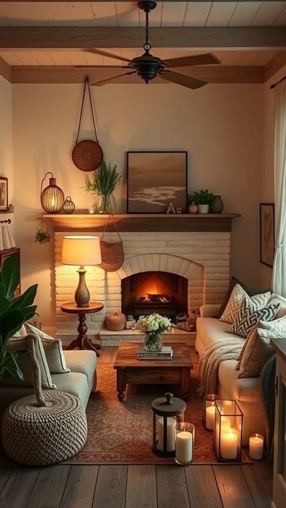 Cozy living room with layered lighting, featuring a lamp, candles, and a warm fireplace.