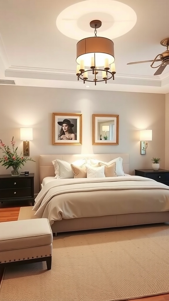 A cozy bedroom with layered lighting including a chandelier and wall sconces.