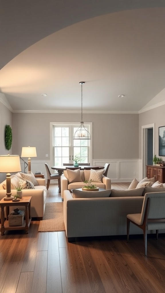 Cozy living room with layered lighting, featuring a pendant light, table lamps, and natural light from windows.