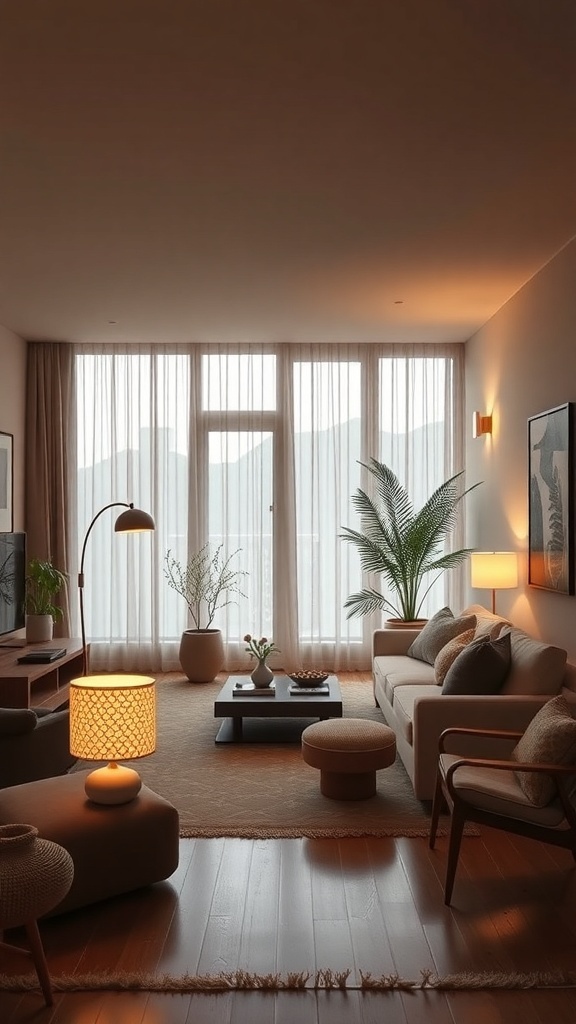 A cozy Japandi living room featuring layered lighting with natural light from large windows and warm artificial lights.