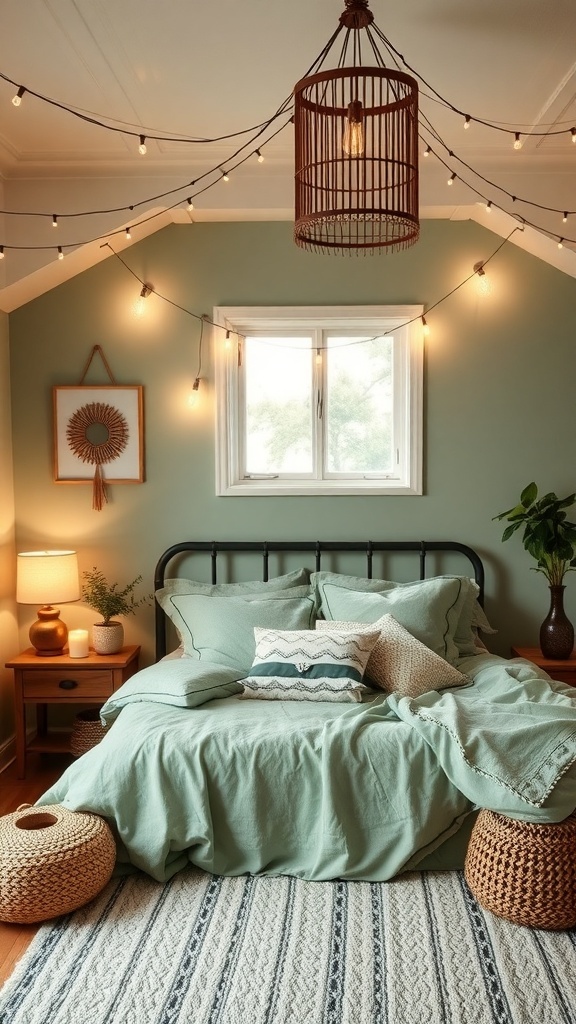 A boho-style bedroom featuring layered lighting with string lights, a unique ceiling fixture, and a warm bedside lamp.