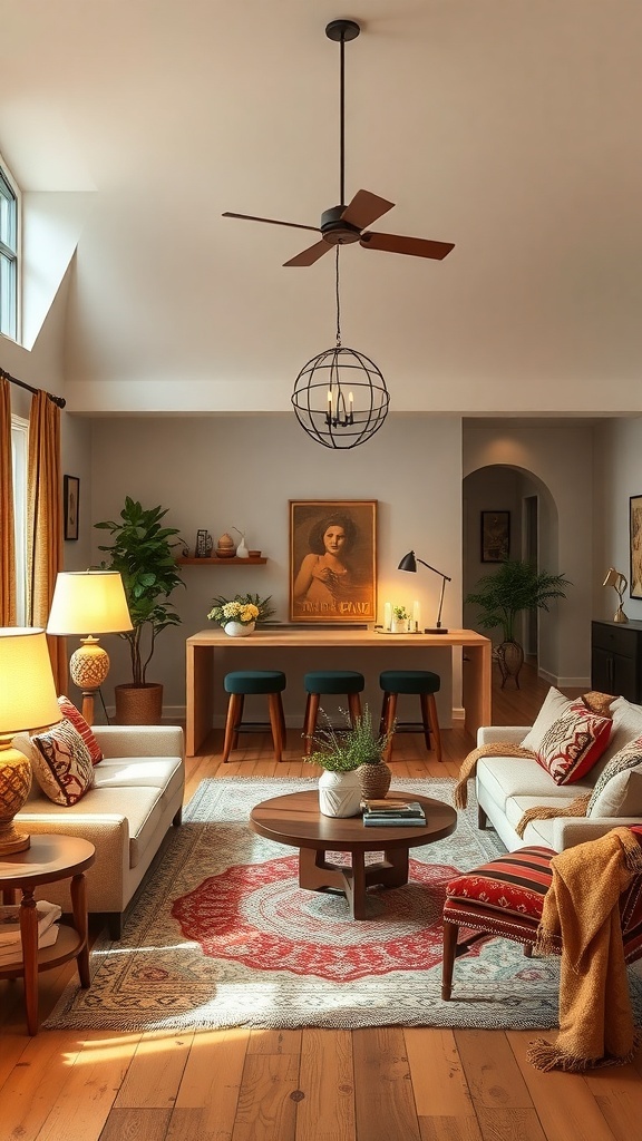 A boho living room featuring layered lighting with a pendant light, table lamps, and large windows.