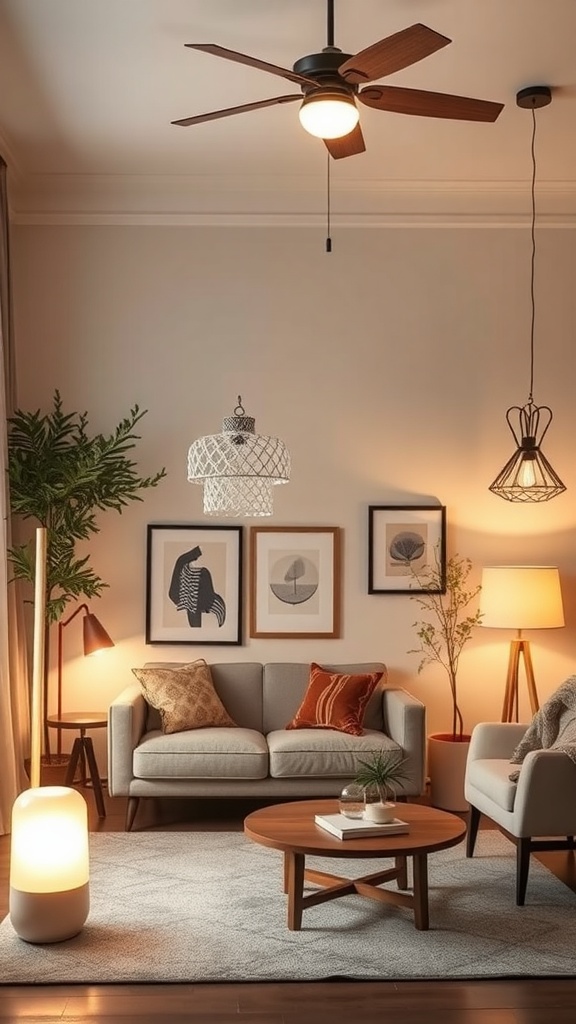 A cozy living room with layered lighting, featuring a ceiling fan, floor lamp, and table lamp.