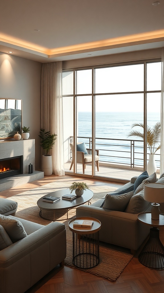A modern living room with layered lighting, large windows, and a view of the ocean.