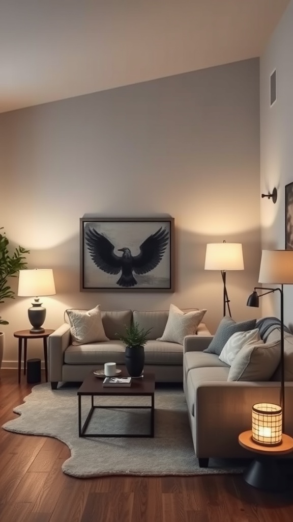 Cozy living room with layered lighting, including floor and table lamps.