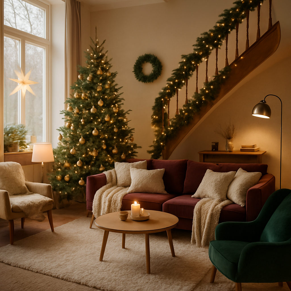 Gemütliches Wohnzimmer mit Weihnachtsbaum, warmen Lichtern und bequemen Möbeln
