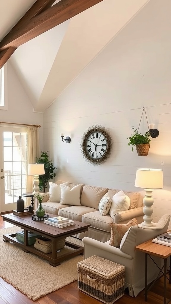 Cozy farmhouse living room with layered lighting, featuring lamps and natural light.