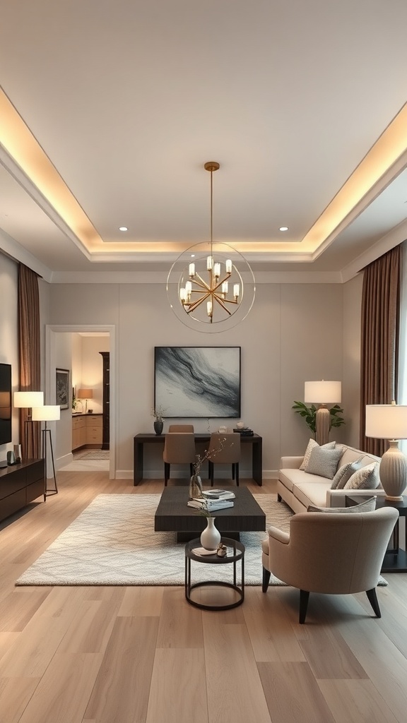 A stylish living room showcasing layered lighting techniques with a chandelier, recessed lights, and table lamps.