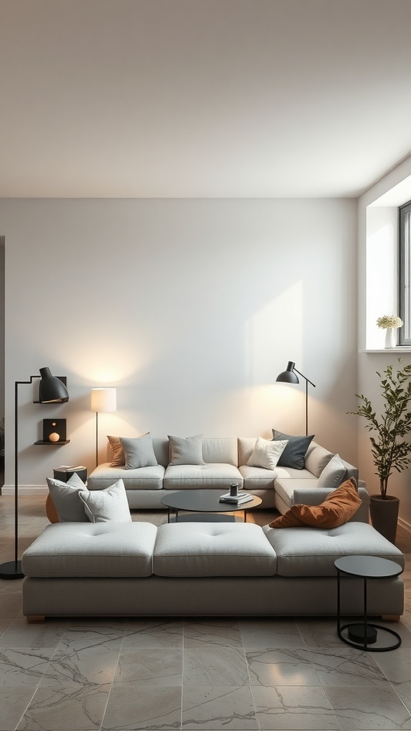 A cozy sunken couch area with layered lighting, featuring a sectional sofa, floor lamps, and a table lamp.