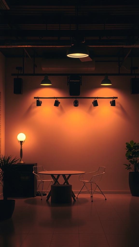 A cozy room with layered lighting featuring a pendant light, track lighting, and a table lamp.