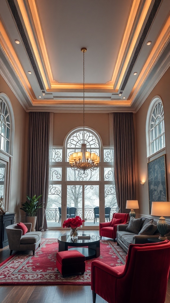 A stylish living room featuring layered lighting with a chandelier and recessed lights, accented by cherry red decor.
