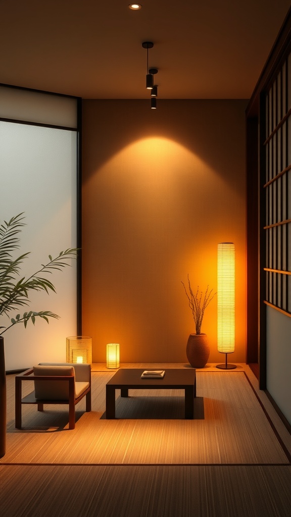 A cozy Japandi interior with layered lighting, featuring a floor lamp, candles, and overhead lights.