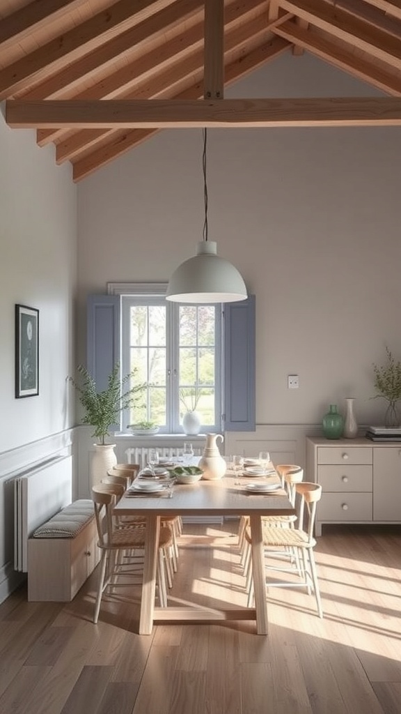 A modern Scandinavian dining area with layered lighting and a cozy atmosphere.