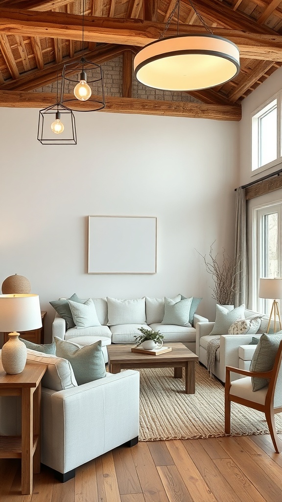 A minimalist rustic living room featuring layered lighting with a large ceiling light and pendant lights.