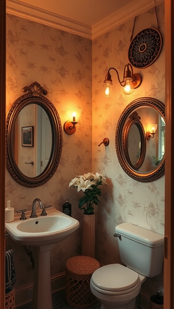 A cozy bathroom featuring layered mirrors, warm lighting, and floral wallpaper.