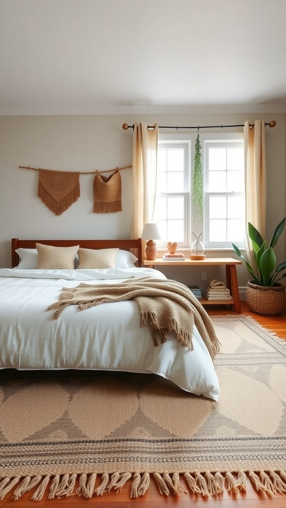 A cozy Bohemian style bedroom featuring layered rugs, a wooden bed, and soft neutral decor.