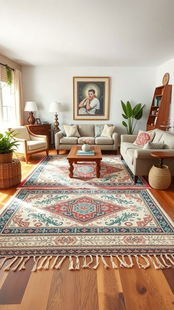 A cozy living room featuring layered rugs, comfortable seating, a coffee table, plants, and artwork.