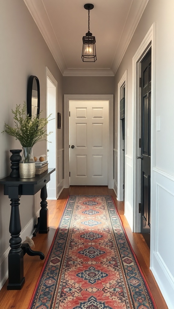 A cozy hallway featuring a layered rug, black bannister, and warm lighting.