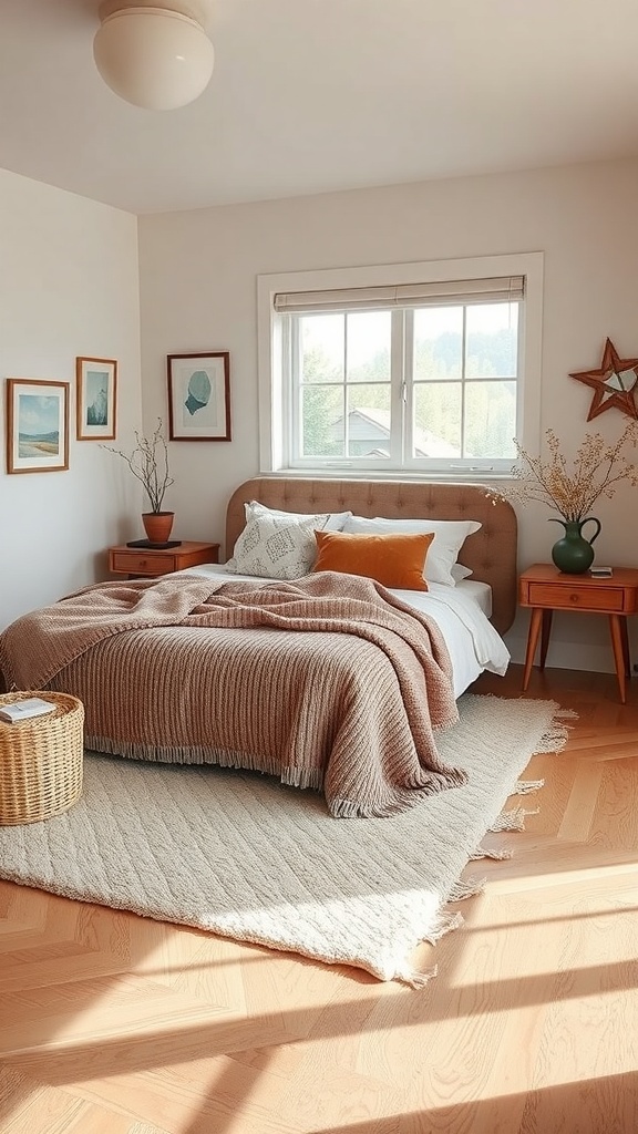 Cozy bedroom with layered rugs, warm blankets, and soft pillows.