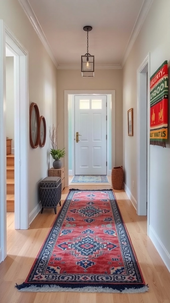 A stylish bungalow hallway featuring a long layered rug, light walls, and natural light.