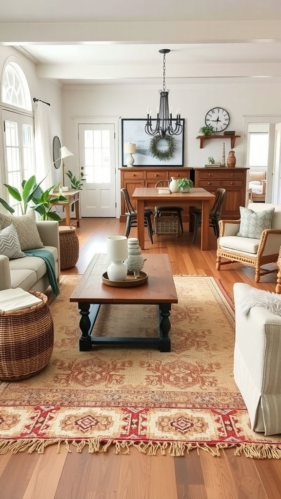 A cozy living room featuring layered rugs, wooden furniture, and natural light.
