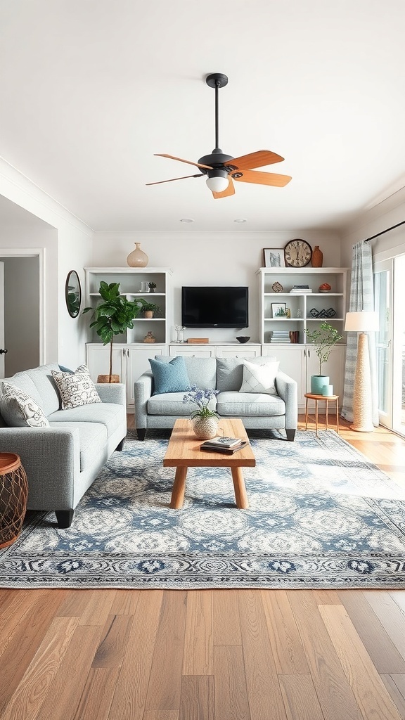 A cozy living room featuring layered rugs, gray sofas, and a wooden coffee table.