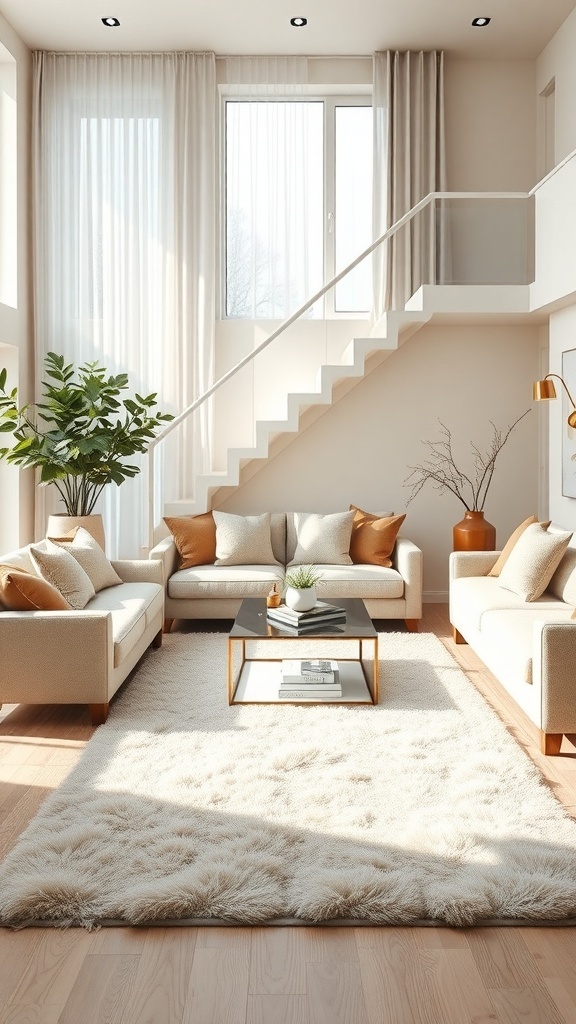 A cozy living room featuring a layered fluffy rug, neutral-toned sofas, and a stylish coffee table.