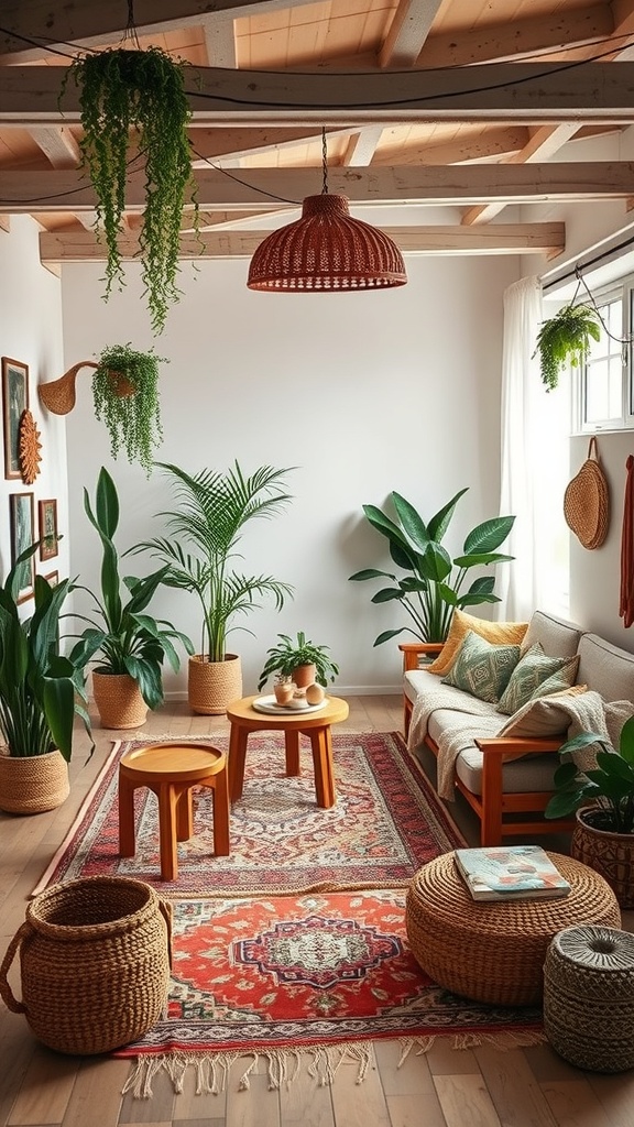 A cozy living room with layered rugs, plants, and warm decor.