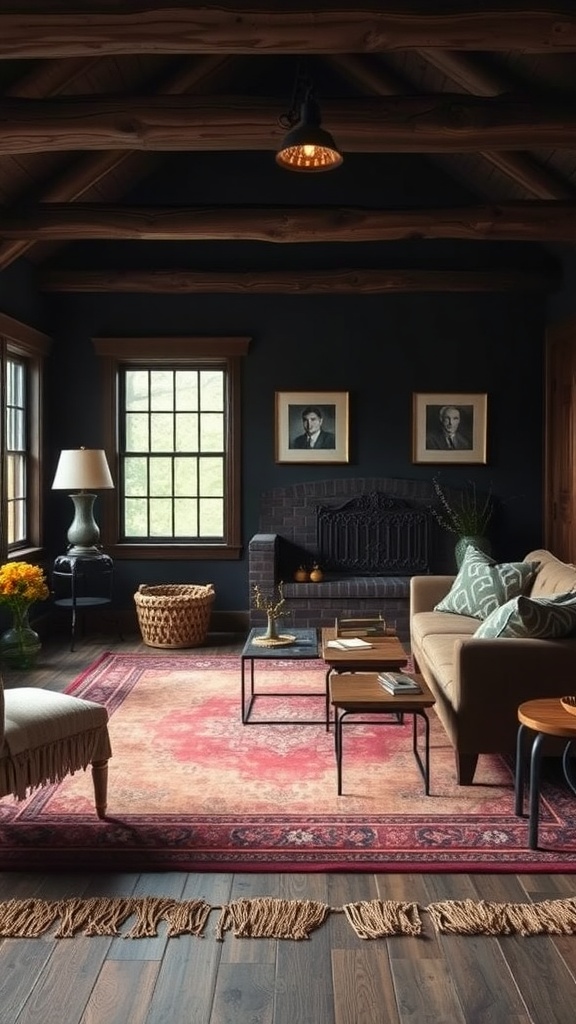 A cozy living room featuring layered rugs, dark walls, and rustic decor.