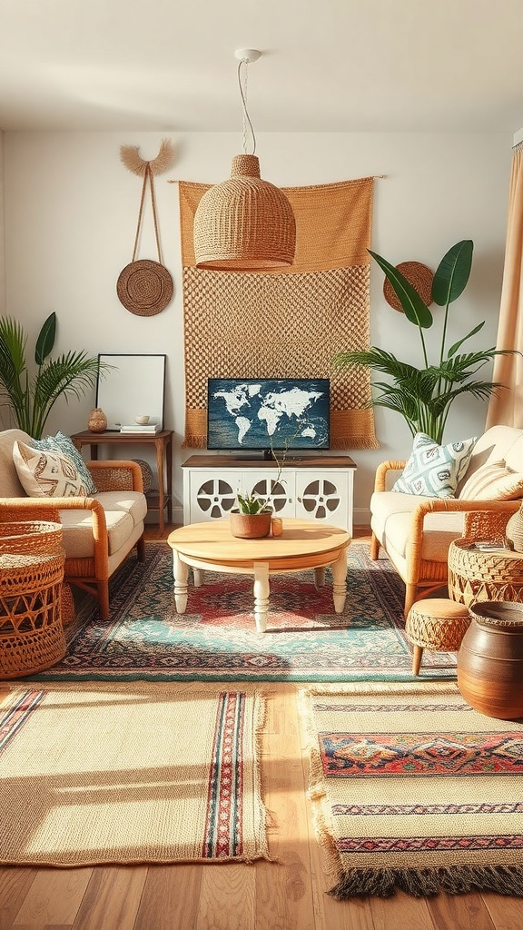 A cozy living room featuring layered rugs, natural decor, and plants, showcasing a boho chic style.